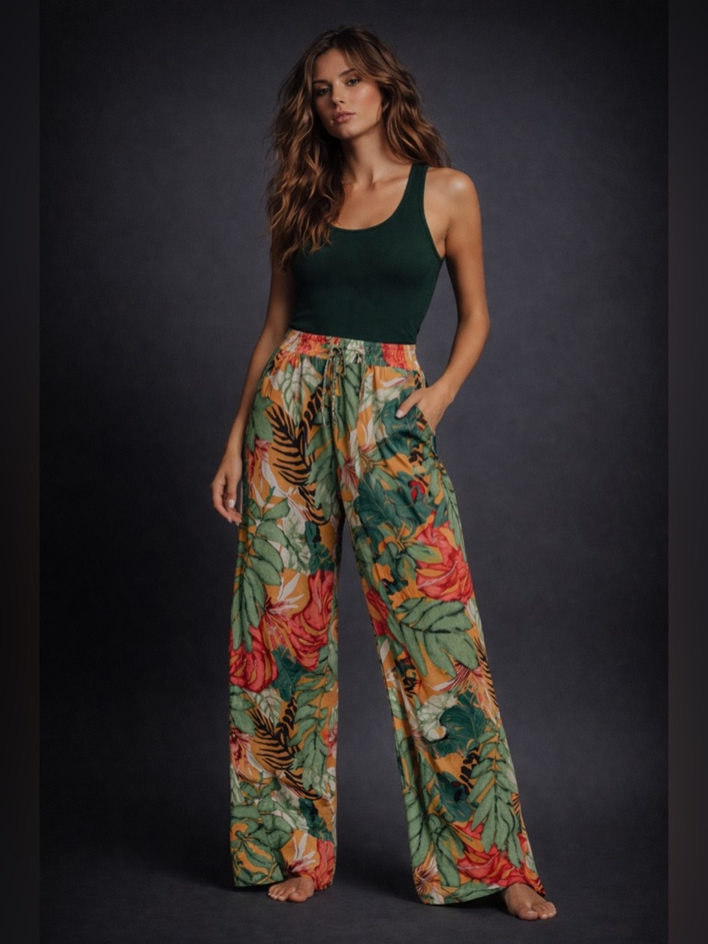 Tropical Boho Wide-Leg Pants Vibrant Botanical Print